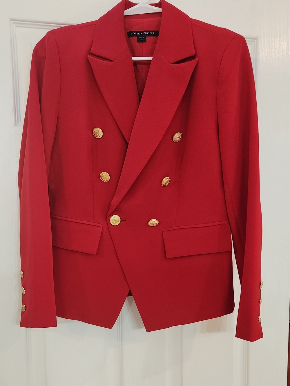 Boston Proper Vibrant Red Double-Breasted Blazer with Gold Buttons
